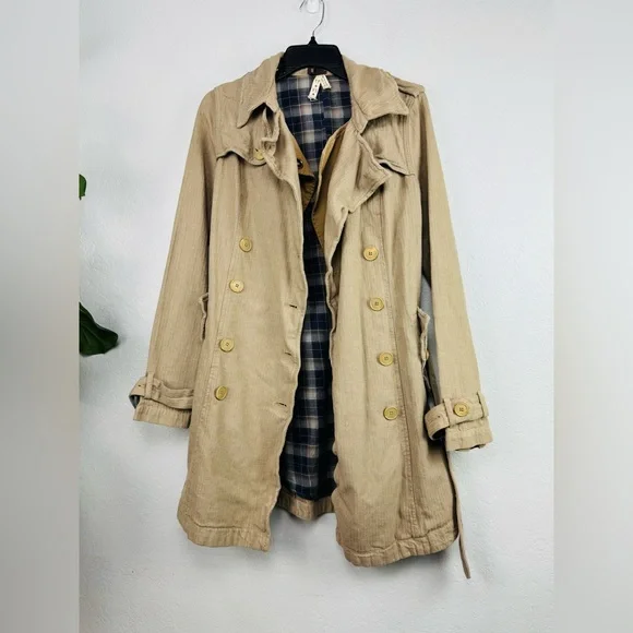Free People We The Free RuggedDouble Breasted Plaid Linned Tan Trench Coat